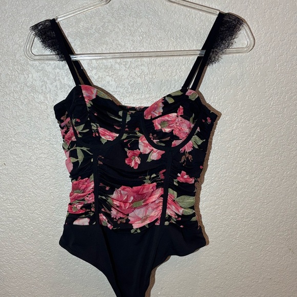 Lulu's Black and Pink Floral Bodysuit - Picture 3 of 6